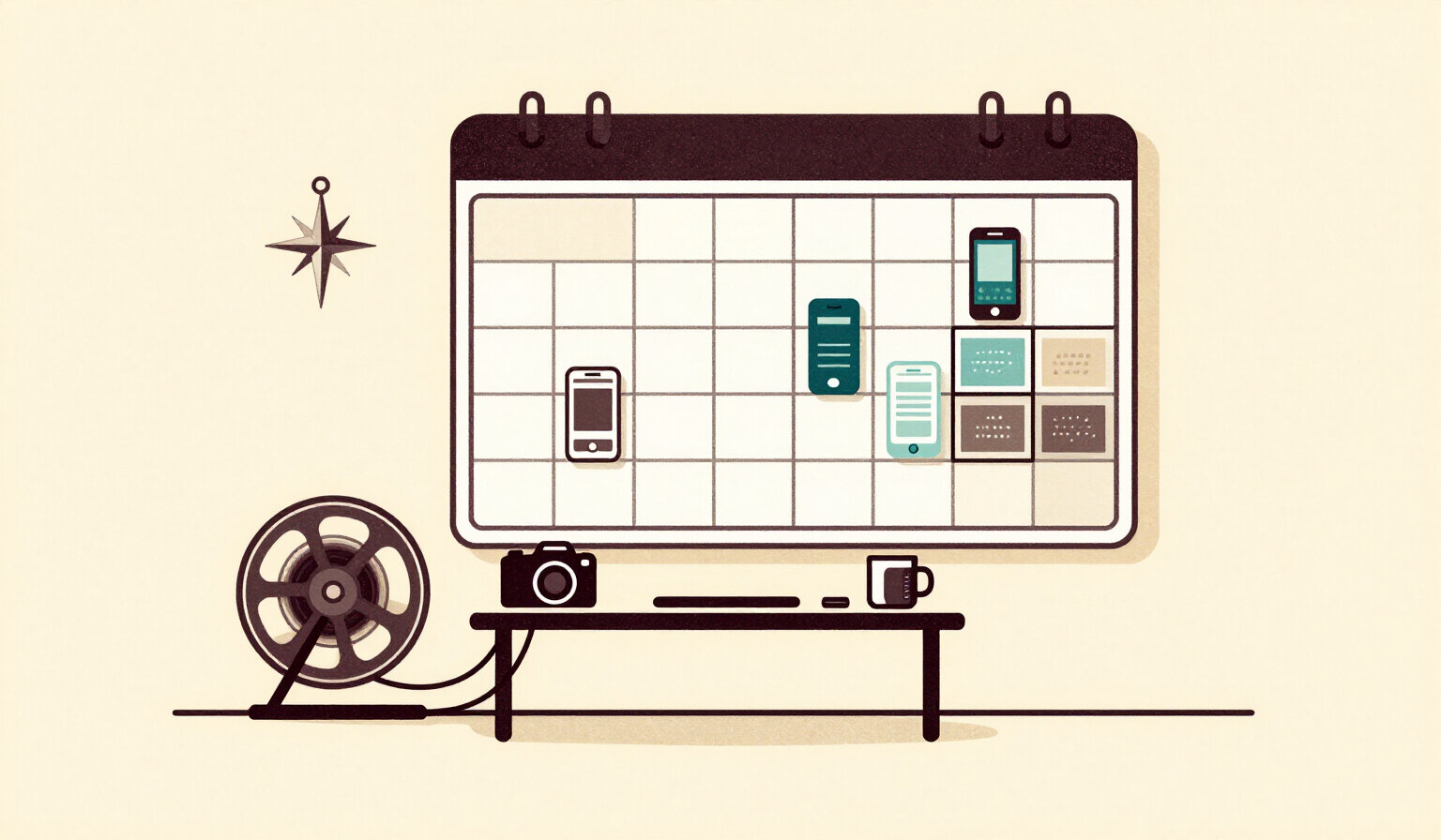 Illustration of a creator's desk with video and publishing tools