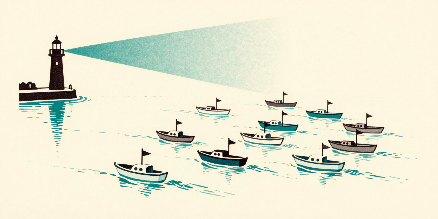 Illustration of content vessels leaving a dispatch harbor
