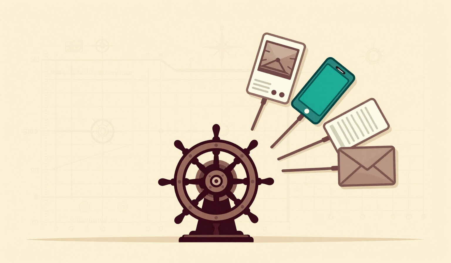 Illustrated command deck overlooking a harbor of publishing destinations