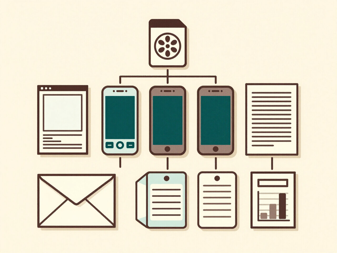 Illustration of a publishing kit unfolding into many content formats