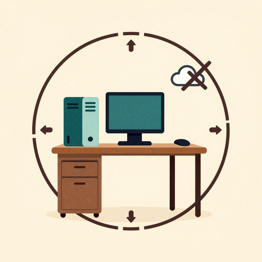 Illustration of a protected local computer beside a quiet harbor